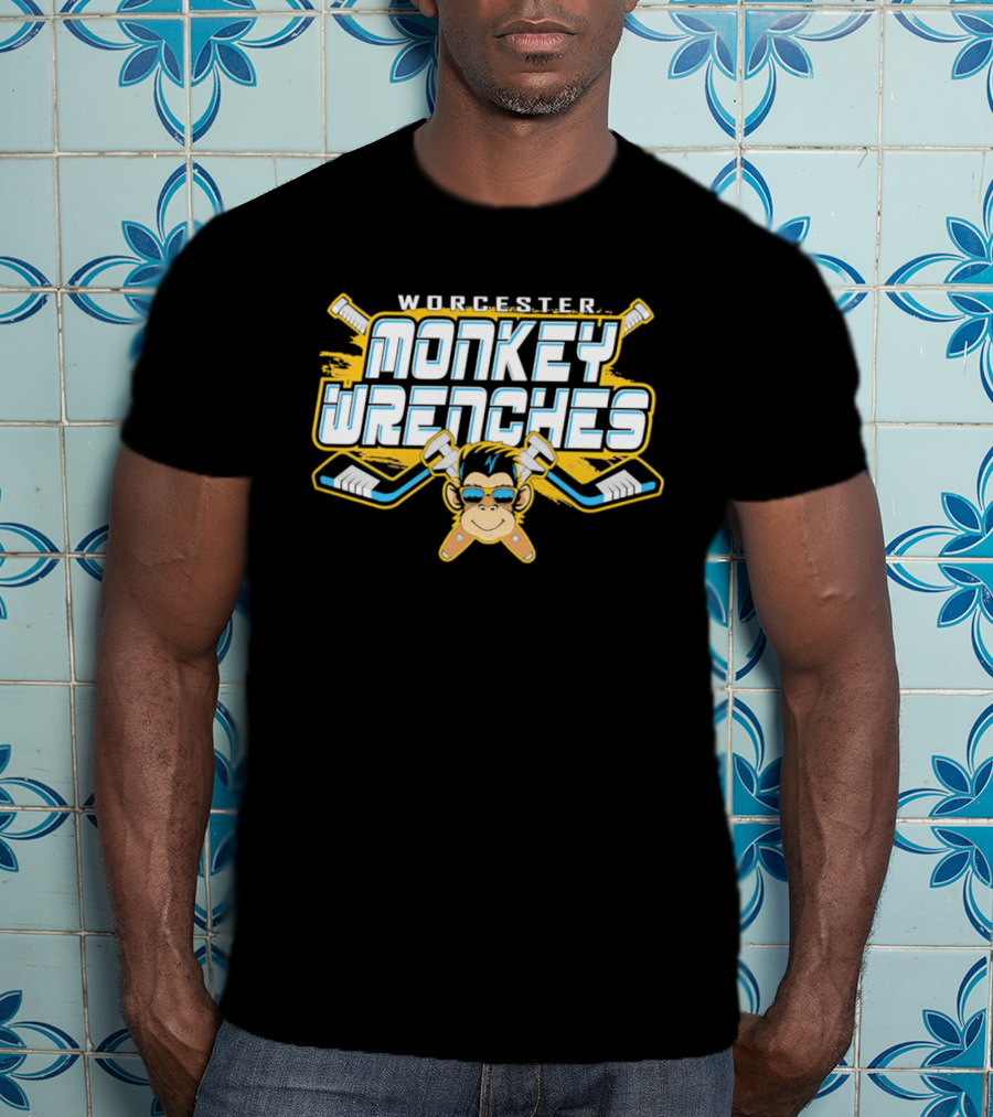 Worcester Monkey Wrenches Hockey Player Monkey With Crossed Wrenches And Hockey Sticks T-Shirt