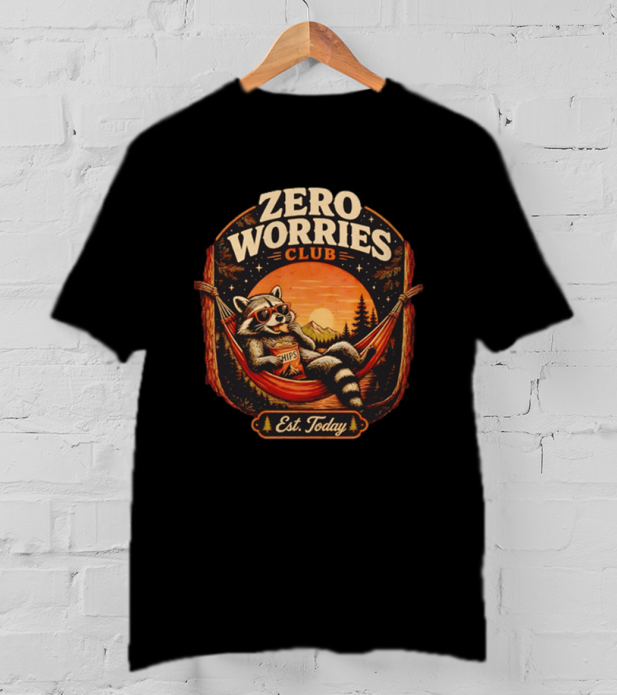 Zero Worries Club Raccoon Relaxing In Hammock Eating Chips At Sunset T-Shirt