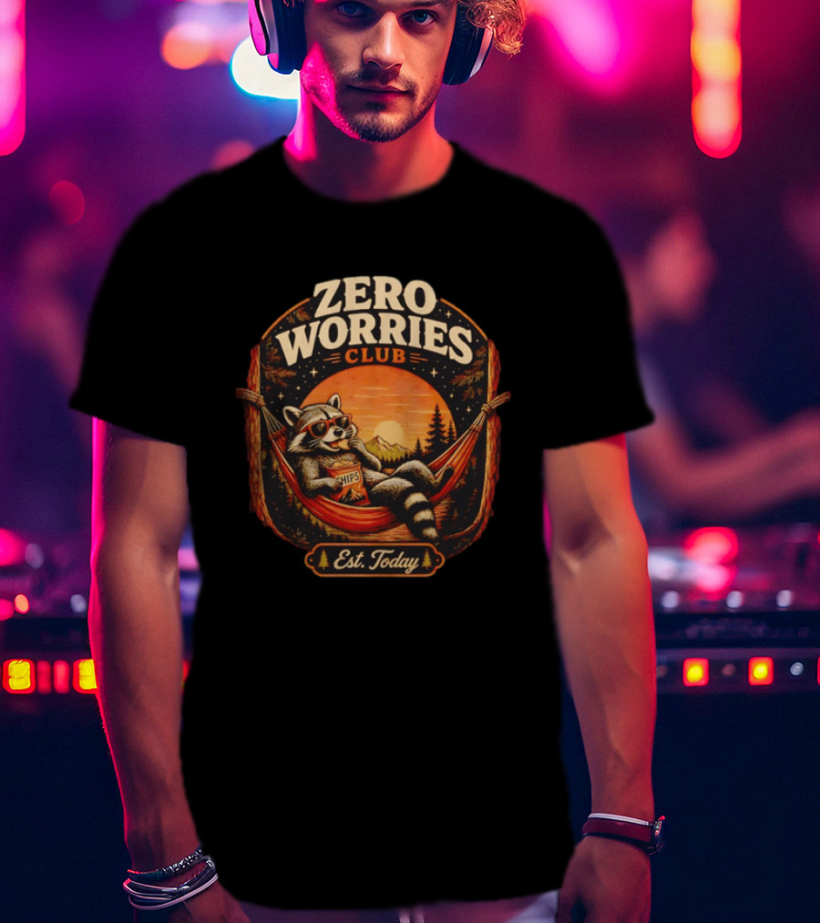 Zero Worries Club Raccoon Relaxing In Hammock Eating Chips At Sunset T-Shirt