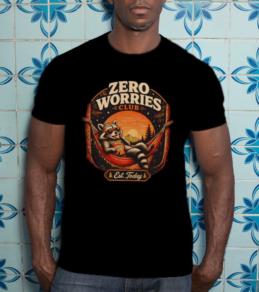 Zero Worries Club Raccoon Relaxing In Hammock Eating Chips At Sunset T-Shirt