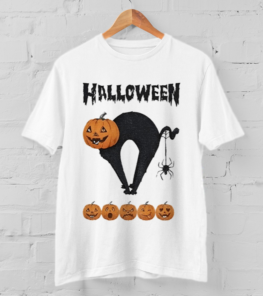 Halloween Pumpkin Cat Black Spider Five Jack O' Lanterns T-Shirt