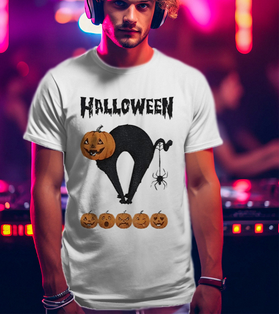 Halloween Pumpkin Cat Black Spider Five Jack O' Lanterns T-Shirt
