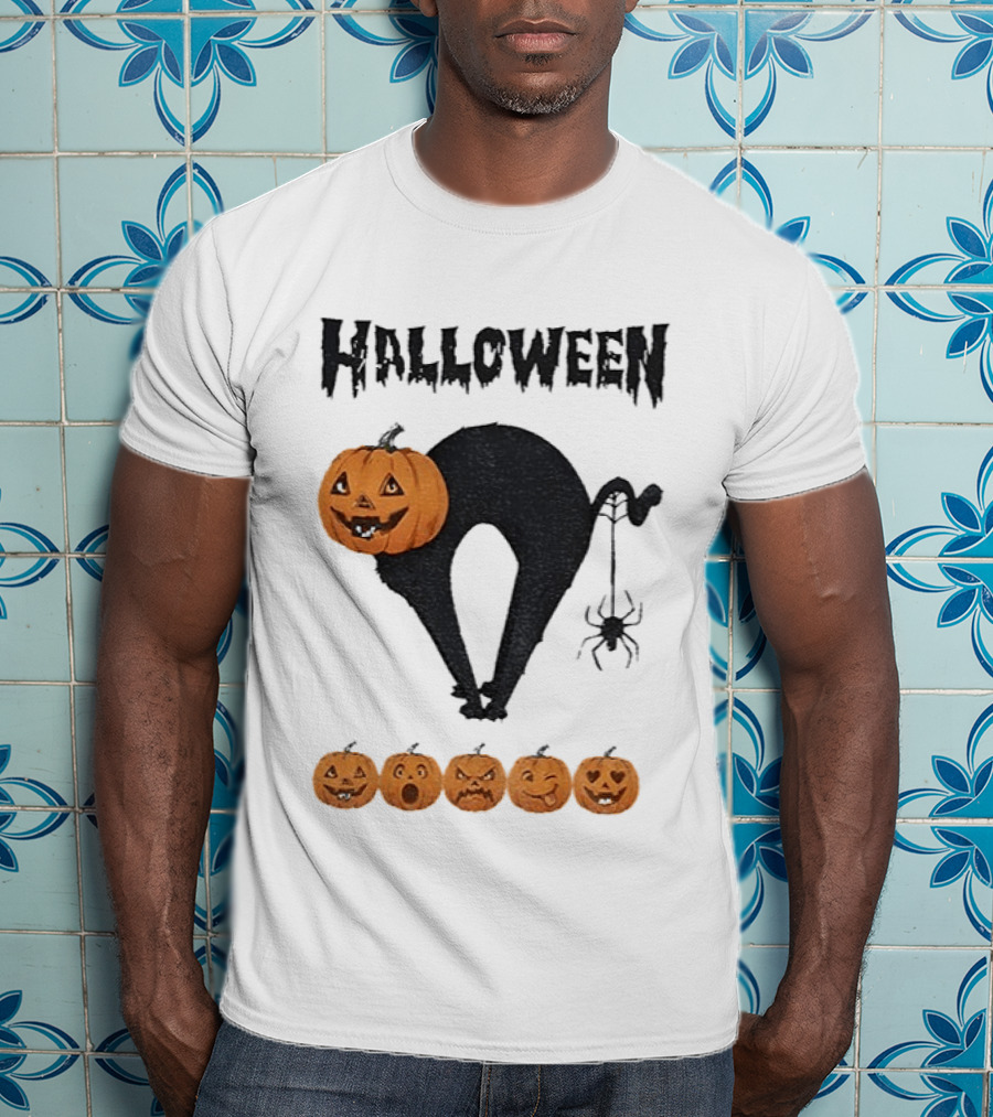 Halloween Pumpkin Cat Black Spider Five Jack O' Lanterns T-Shirt