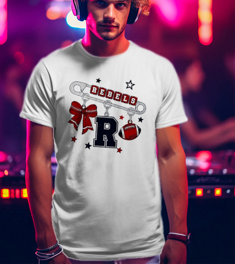 Rebels R Charm Safety Pin Red Bow Football Stars T-Shirt
