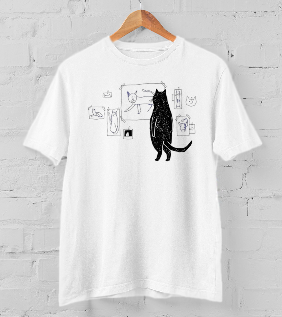 Black Cat Standing Looking At Sketches Line Drawing Wall Gallery T-Shirt