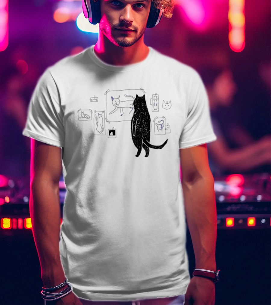 Black Cat Standing Looking At Sketches Line Drawing Wall Gallery T-Shirt