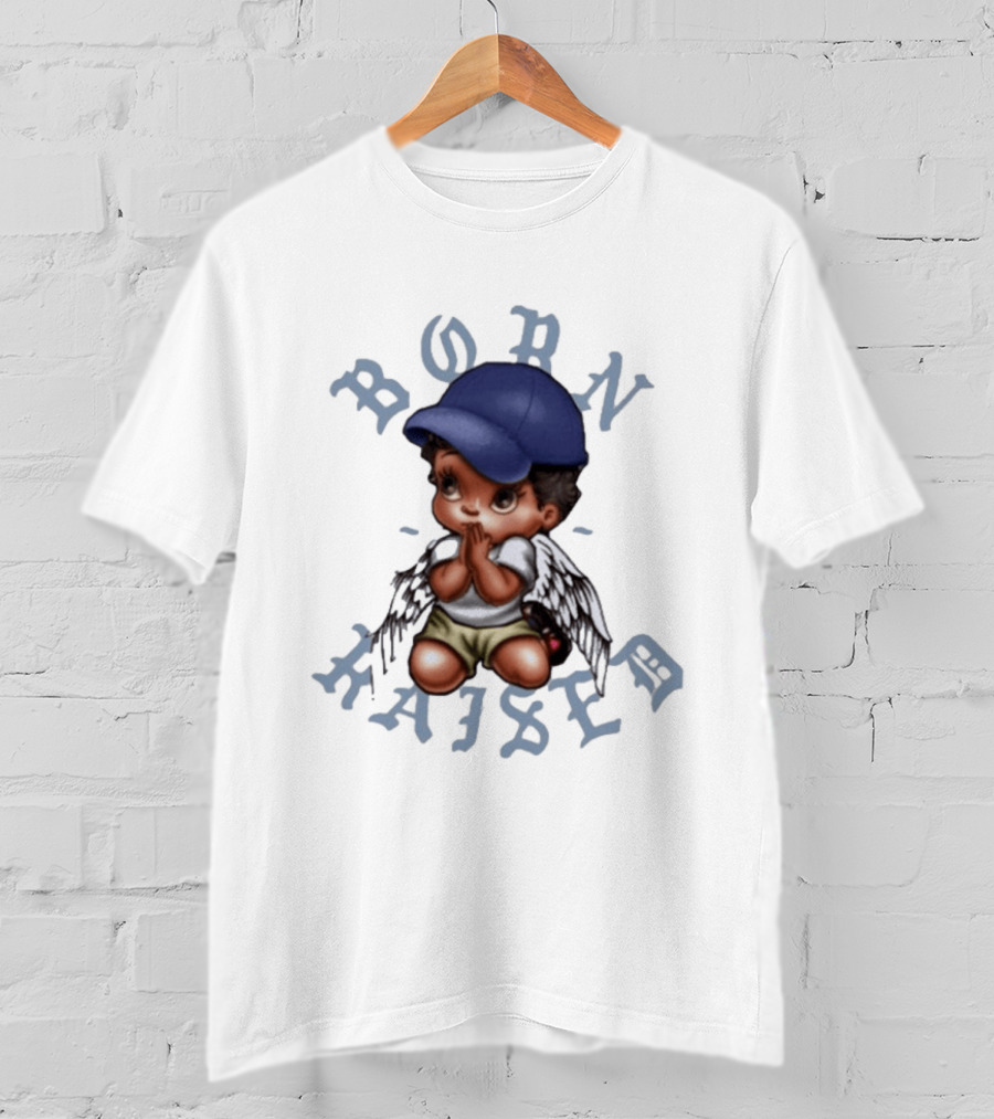Born X Raised El Angel Cherub Praying With Wings And Cap T-Shirt