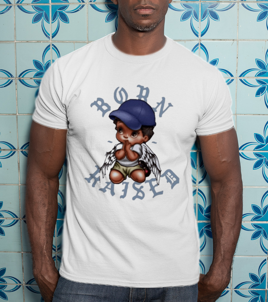 Born X Raised El Angel Cherub Praying With Wings And Cap T-Shirt