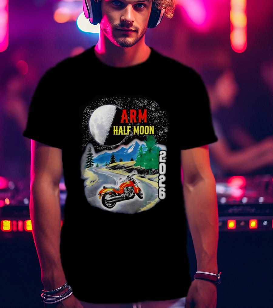 Arm Half Moon 2026 Orange Motorcycle Winding Mountain Road Night Sky T-Shirt