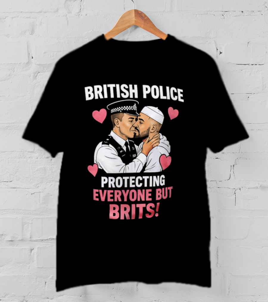 British Police Protecting Everyone But Brits Kissing Illustration With Hearts T-Shirt