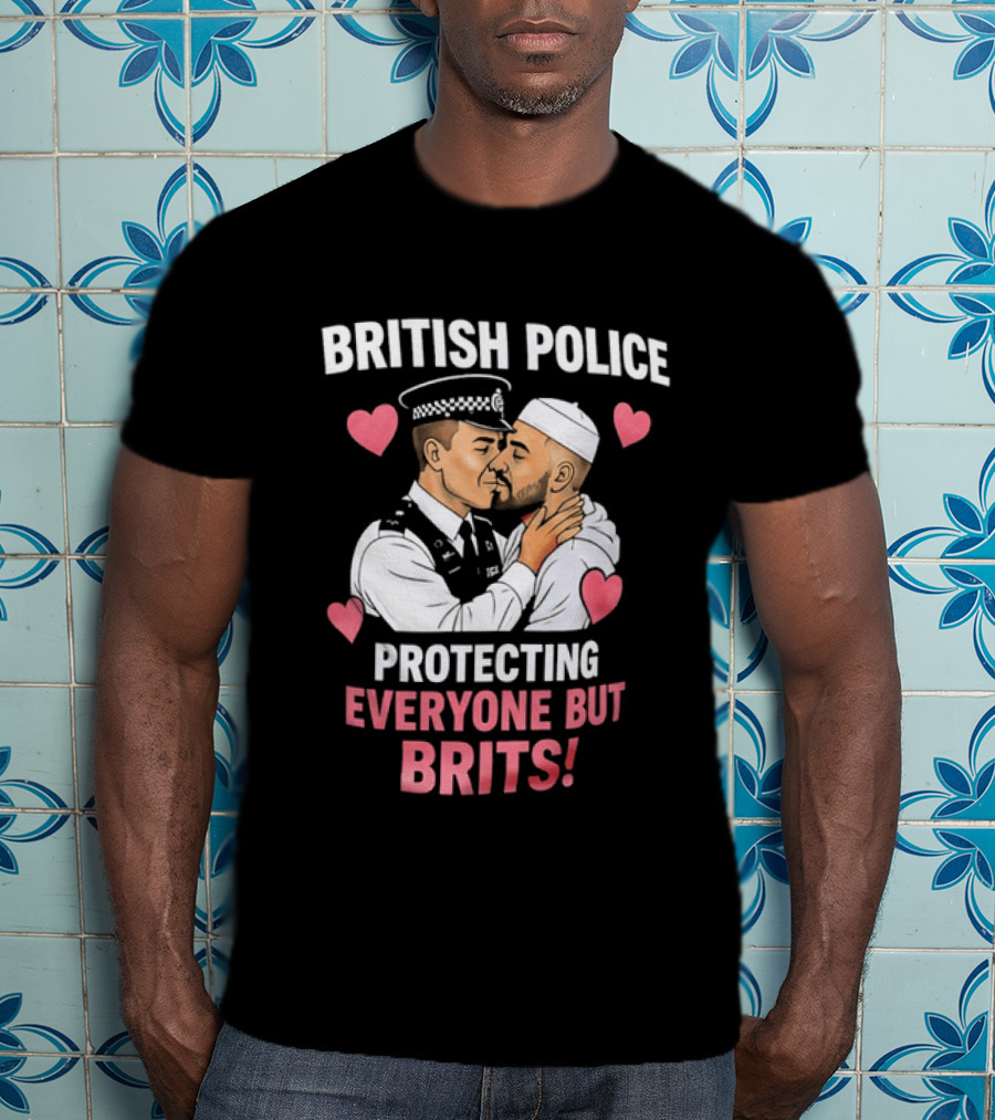 British Police Protecting Everyone But Brits Kissing Illustration With Hearts T-Shirt
