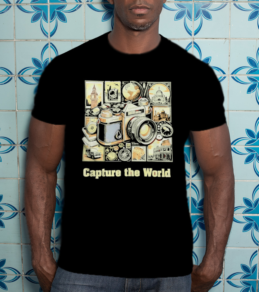 Capture The World Camera Globe Travel Landmarks Compass T-Shirt