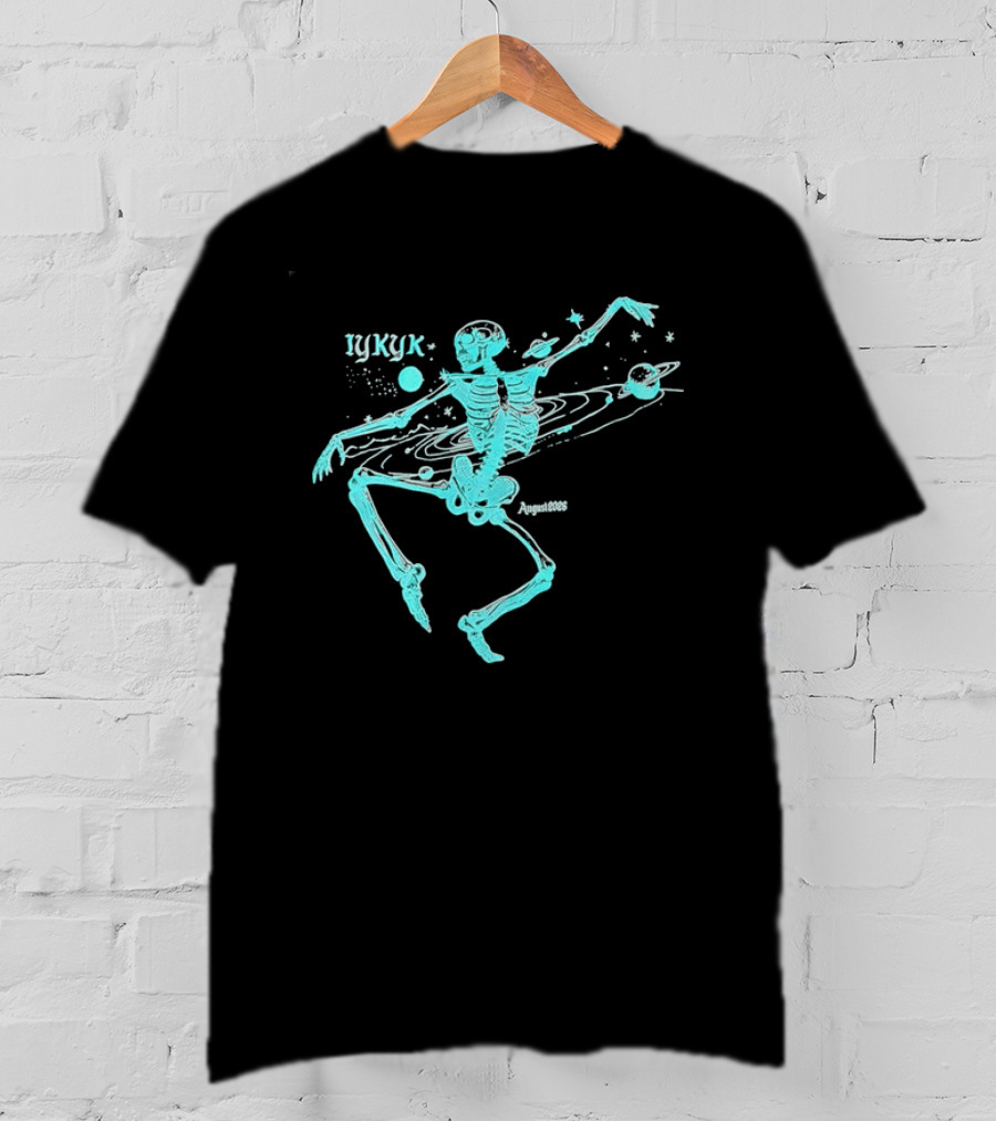 Iykyk August 2026 Cyan Dancing Skeleton With Space Orbit Sketch T-Shirt