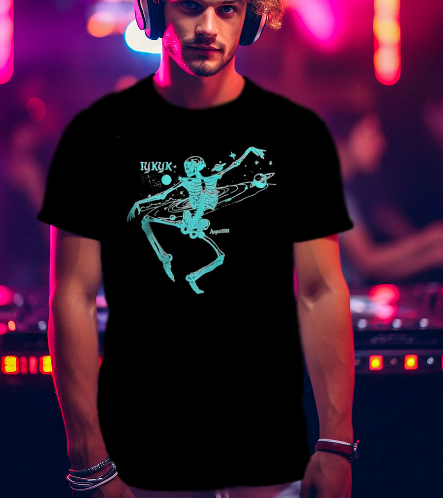 Iykyk August 2026 Cyan Dancing Skeleton With Space Orbit Sketch T-Shirt