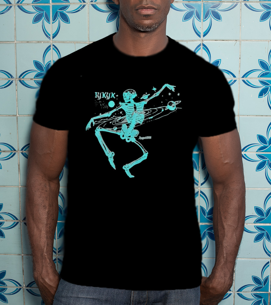 Iykyk August 2026 Cyan Dancing Skeleton With Space Orbit Sketch T-Shirt
