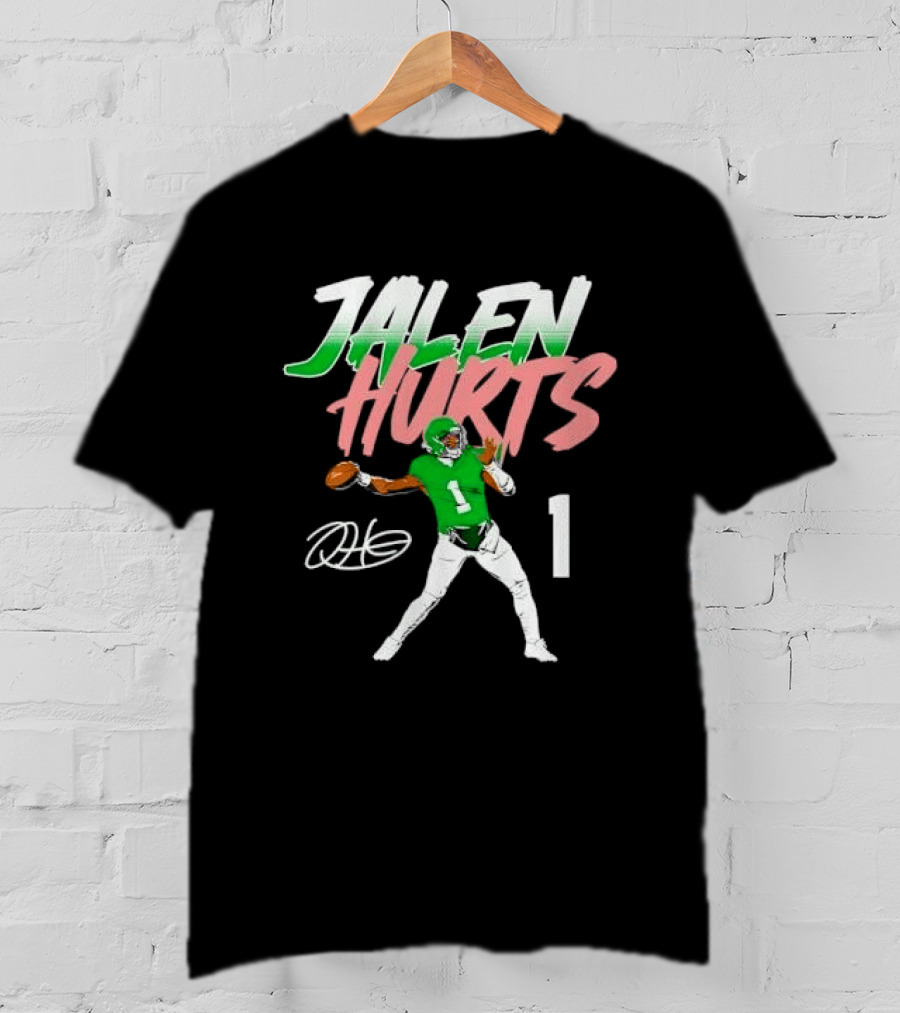 Jalen Hurts Quarterback Throwing Football Jersey Number 1 Signature Green T-Shirt