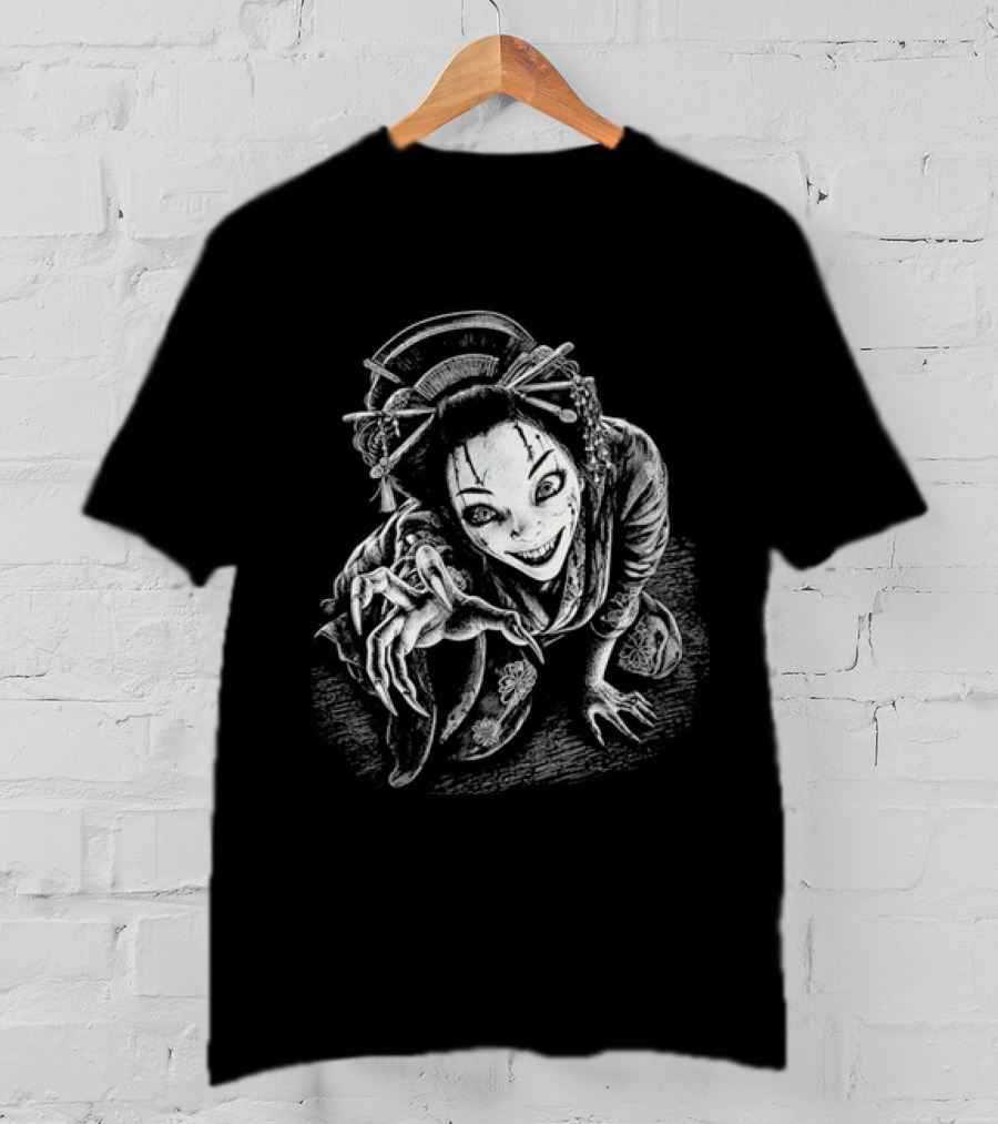 Creepy Demonic Yokai Geisha Crawling Sharp Claws Drawing T-Shirt