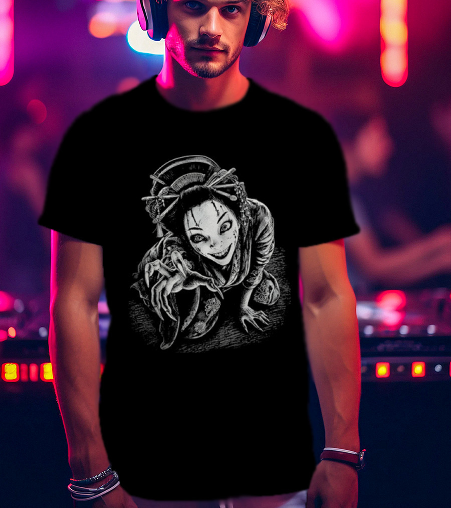 Creepy Demonic Yokai Geisha Crawling Sharp Claws Drawing T-Shirt