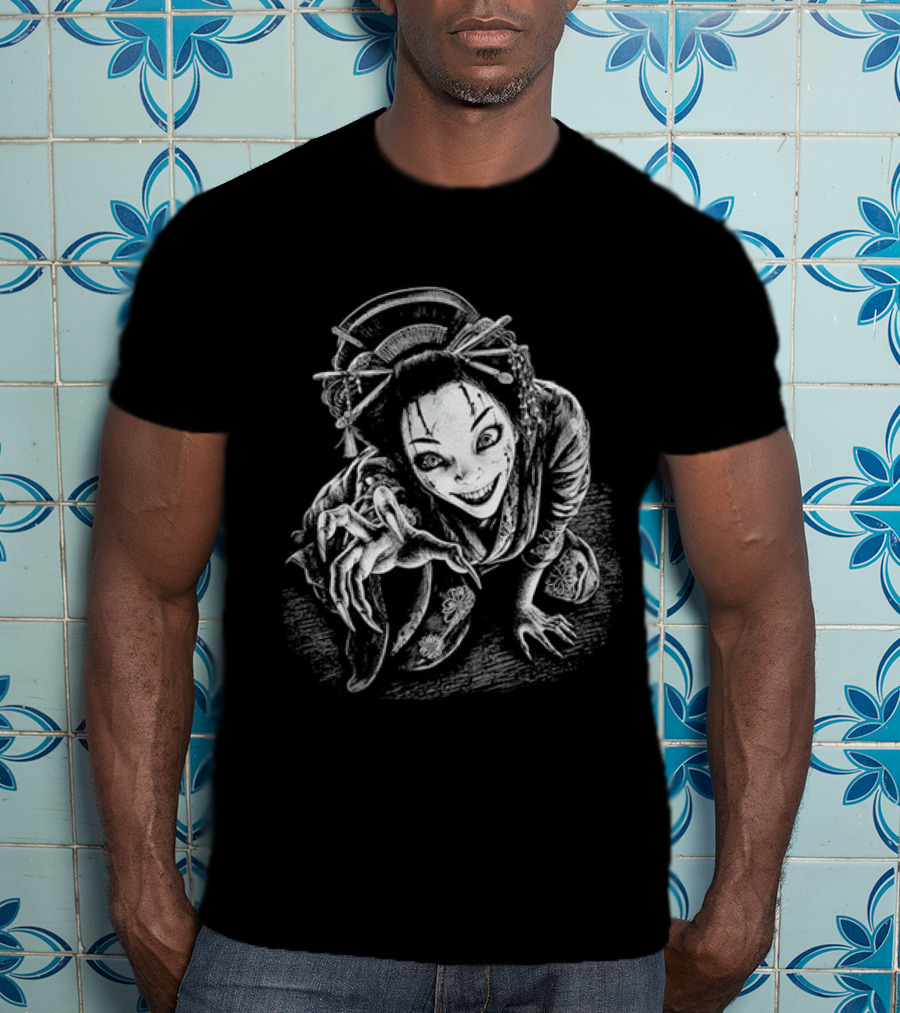 Creepy Demonic Yokai Geisha Crawling Sharp Claws Drawing T-Shirt