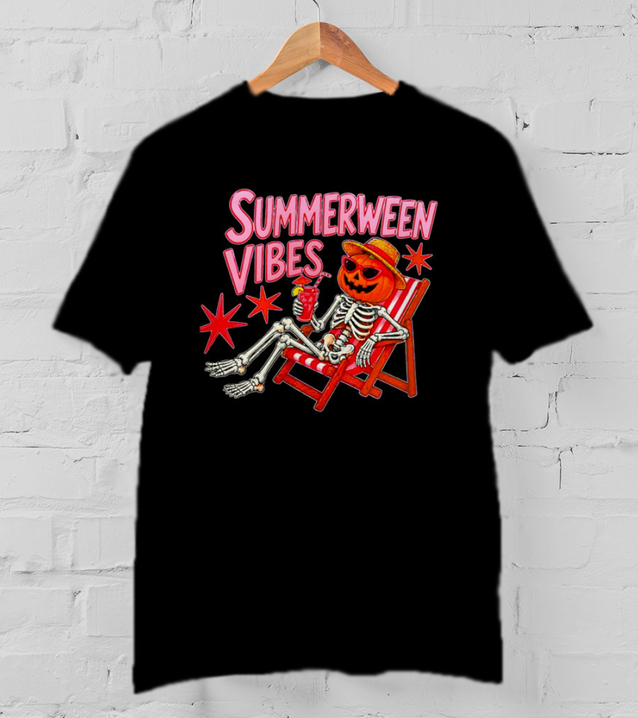 Summerween Vibes Skeleton Pumpkin Sunglasses Lounge Chair Drink T-Shirt