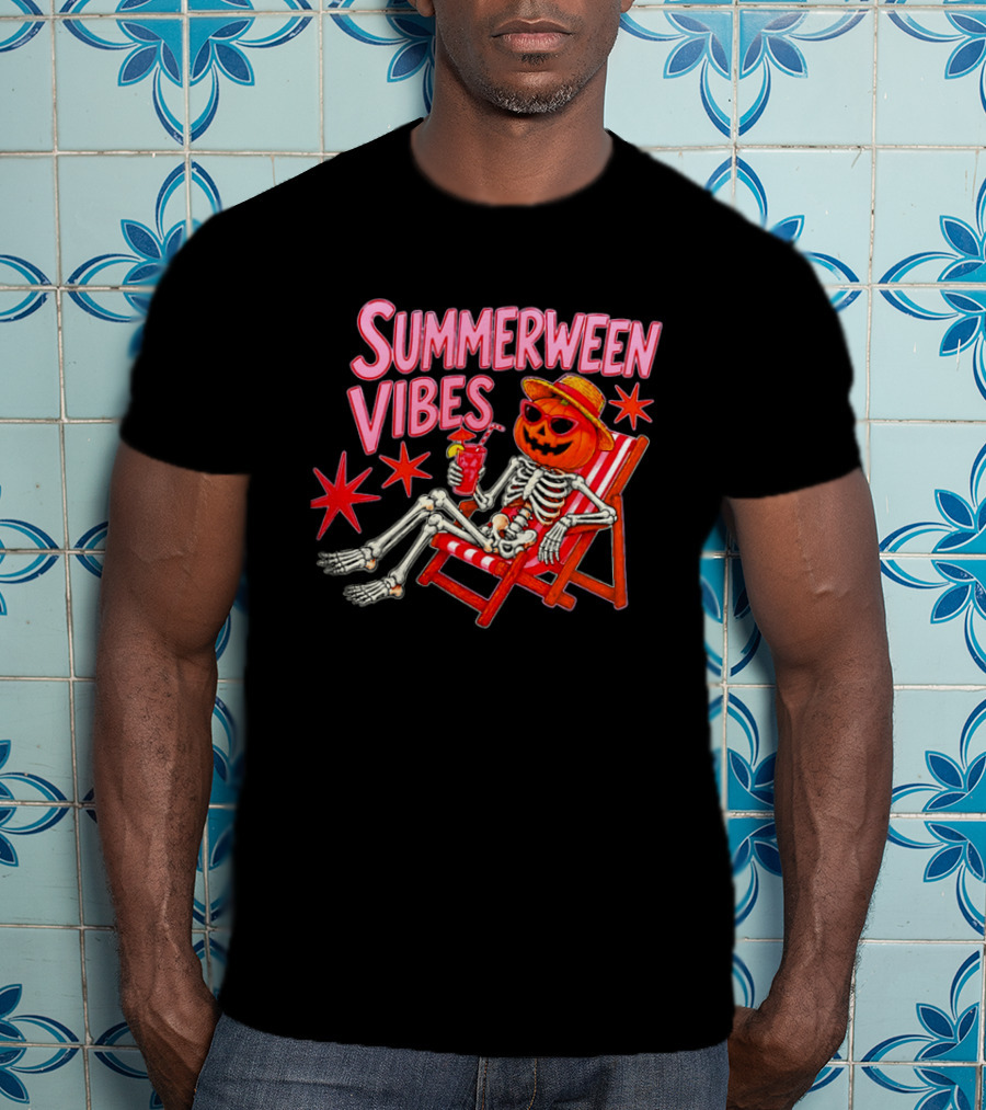 Summerween Vibes Skeleton Pumpkin Sunglasses Lounge Chair Drink T-Shirt