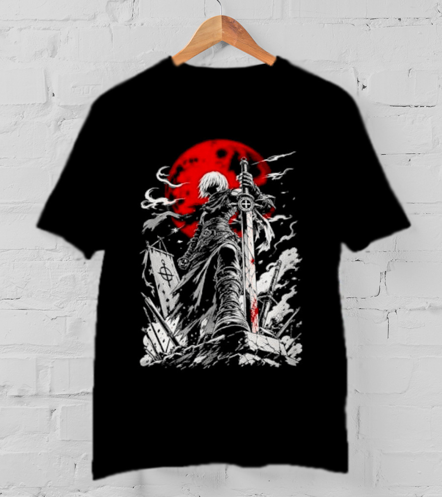 Dark Fantasy Warrior Bloody Sword Red Moon Battlefield Epic Scene T-Shirt
