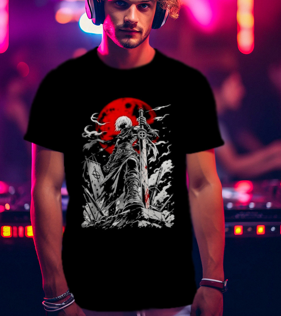 Dark Fantasy Warrior Bloody Sword Red Moon Battlefield Epic Scene T-Shirt