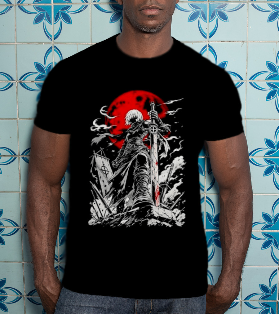 Dark Fantasy Warrior Bloody Sword Red Moon Battlefield Epic Scene T-Shirt