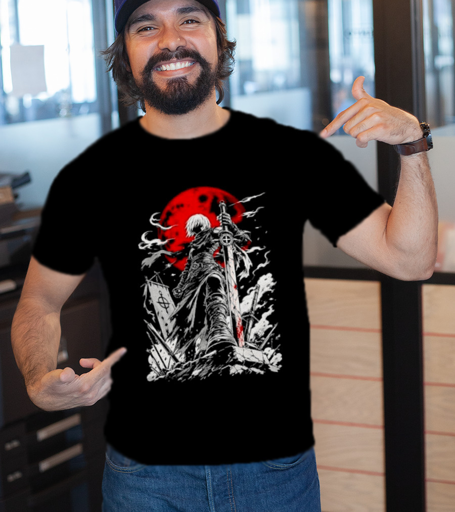 Dark Fantasy Warrior Bloody Sword Red Moon Battlefield Epic Scene T-Shirt