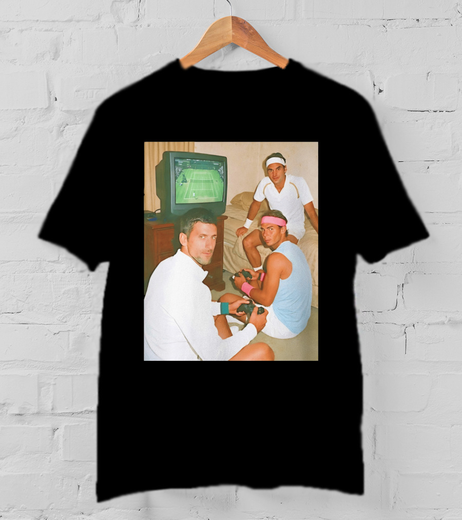 Novak Djokovic Rafael Nadal Roger Federer Playing Tennis Video Game T-Shirt
