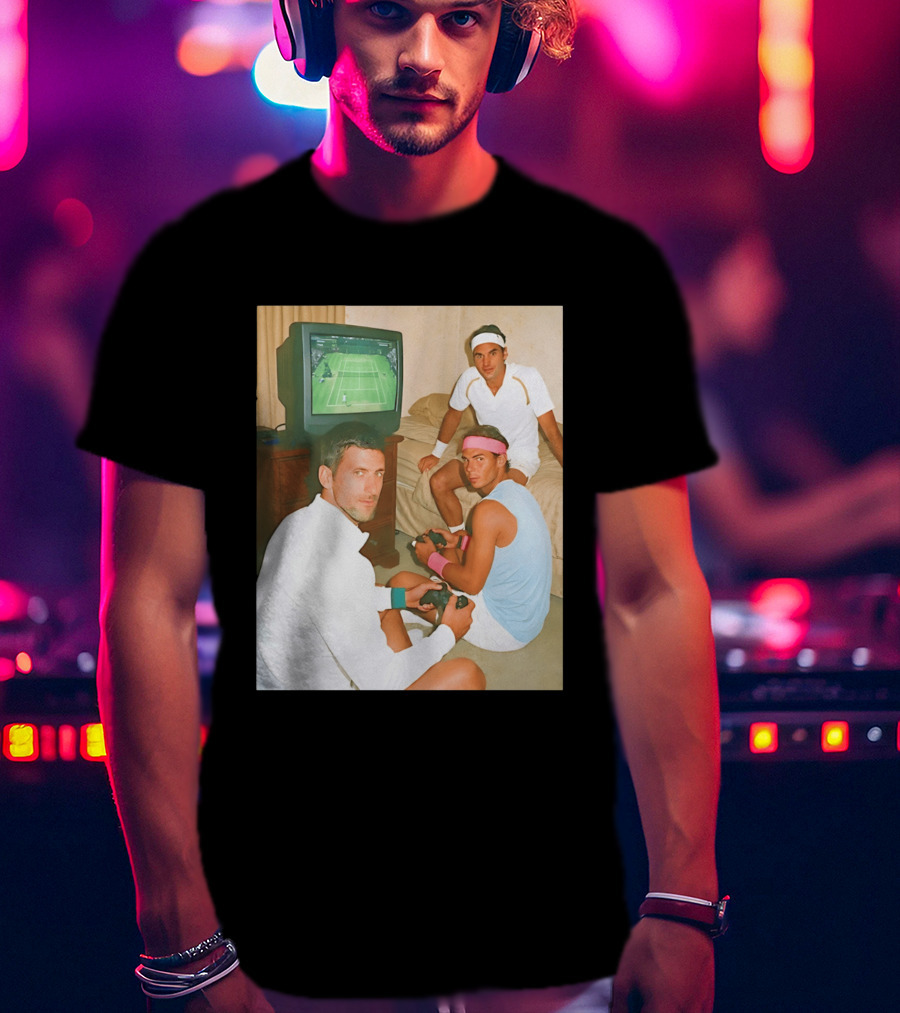 Novak Djokovic Rafael Nadal Roger Federer Playing Tennis Video Game T-Shirt