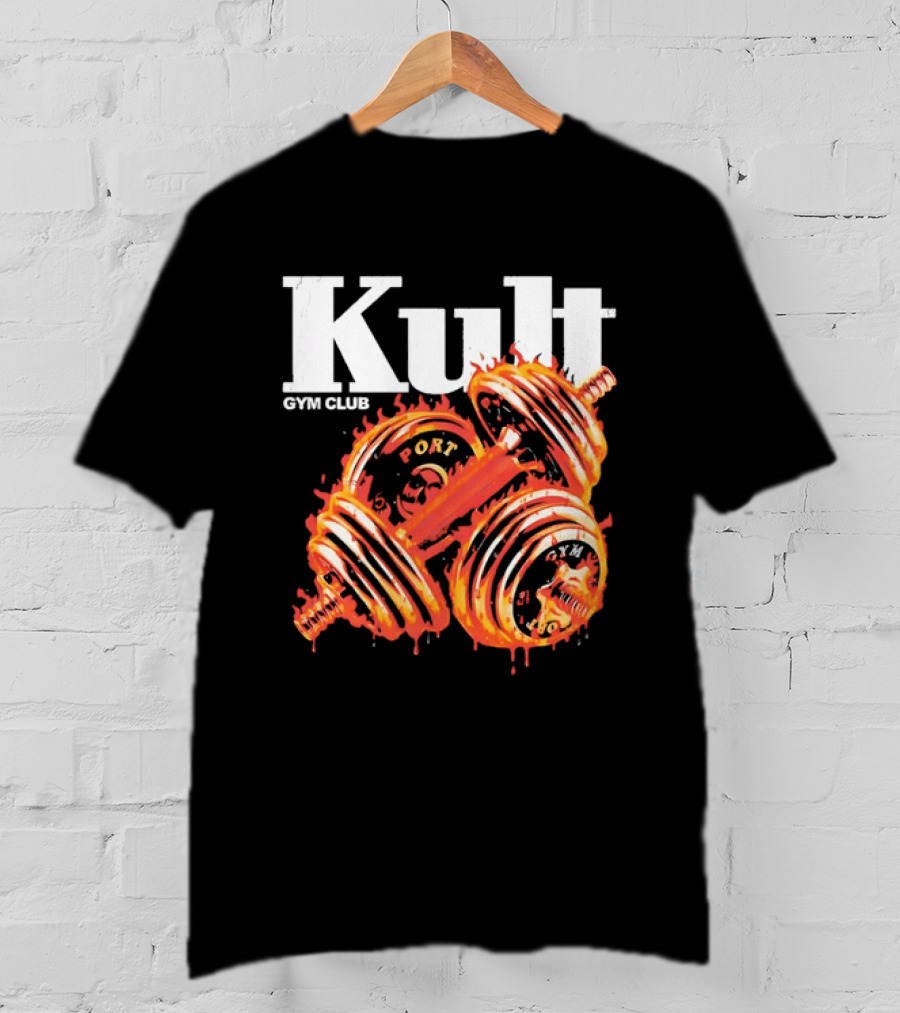 Kult Gym Club Sport Fiery Dumbbells Dripping Lava Distressed T-Shirt