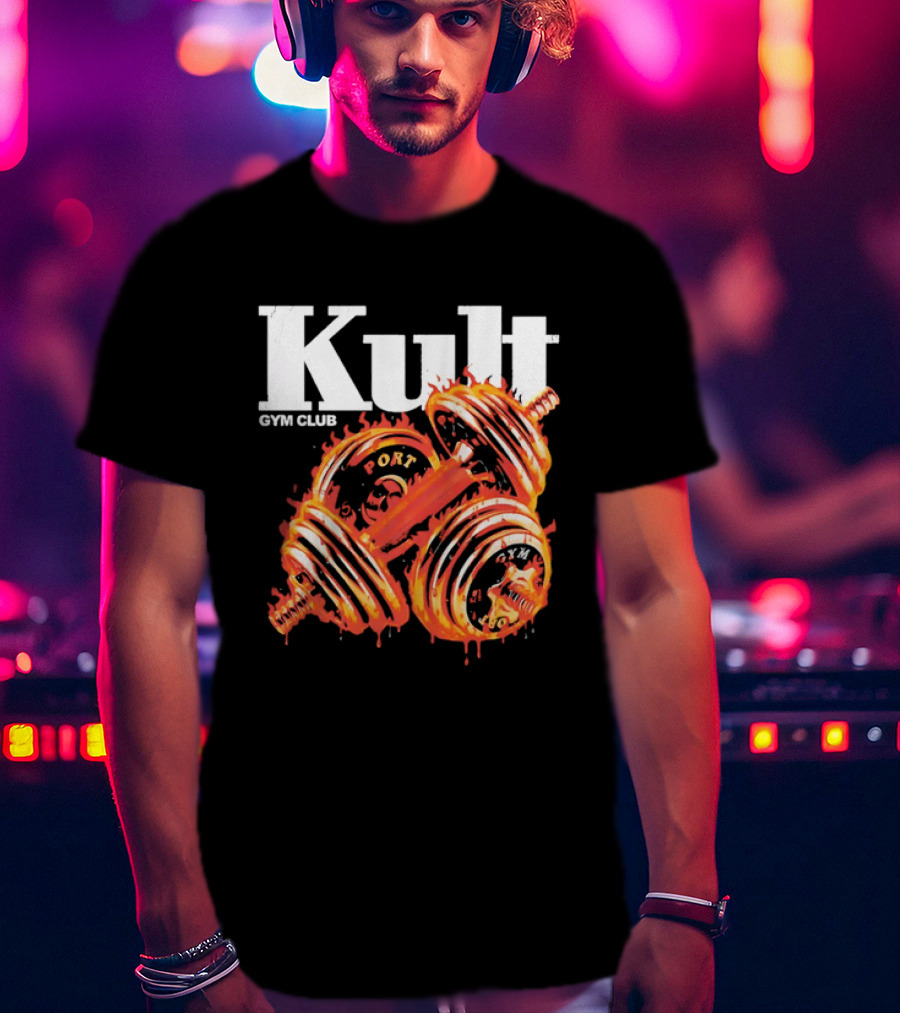 Kult Gym Club Sport Fiery Dumbbells Dripping Lava Distressed T-Shirt