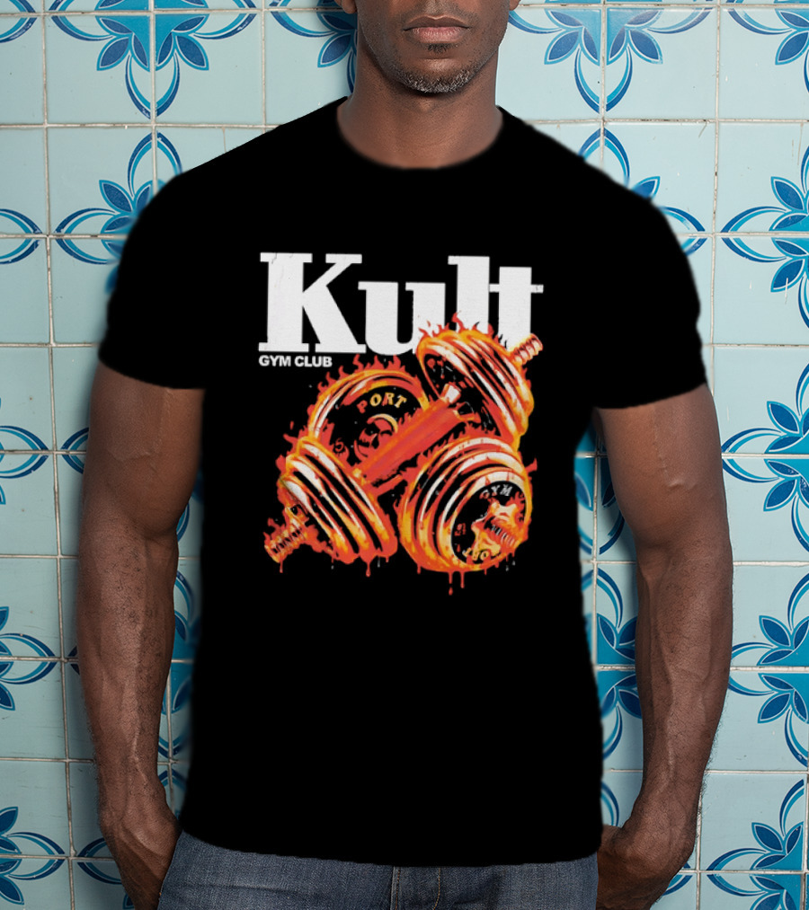 Kult Gym Club Sport Fiery Dumbbells Dripping Lava Distressed T-Shirt