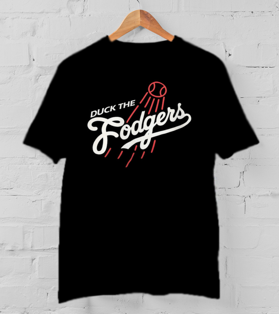 Duck The Fodgers White Script Flying Baseball Red Motion Lines T-Shirt