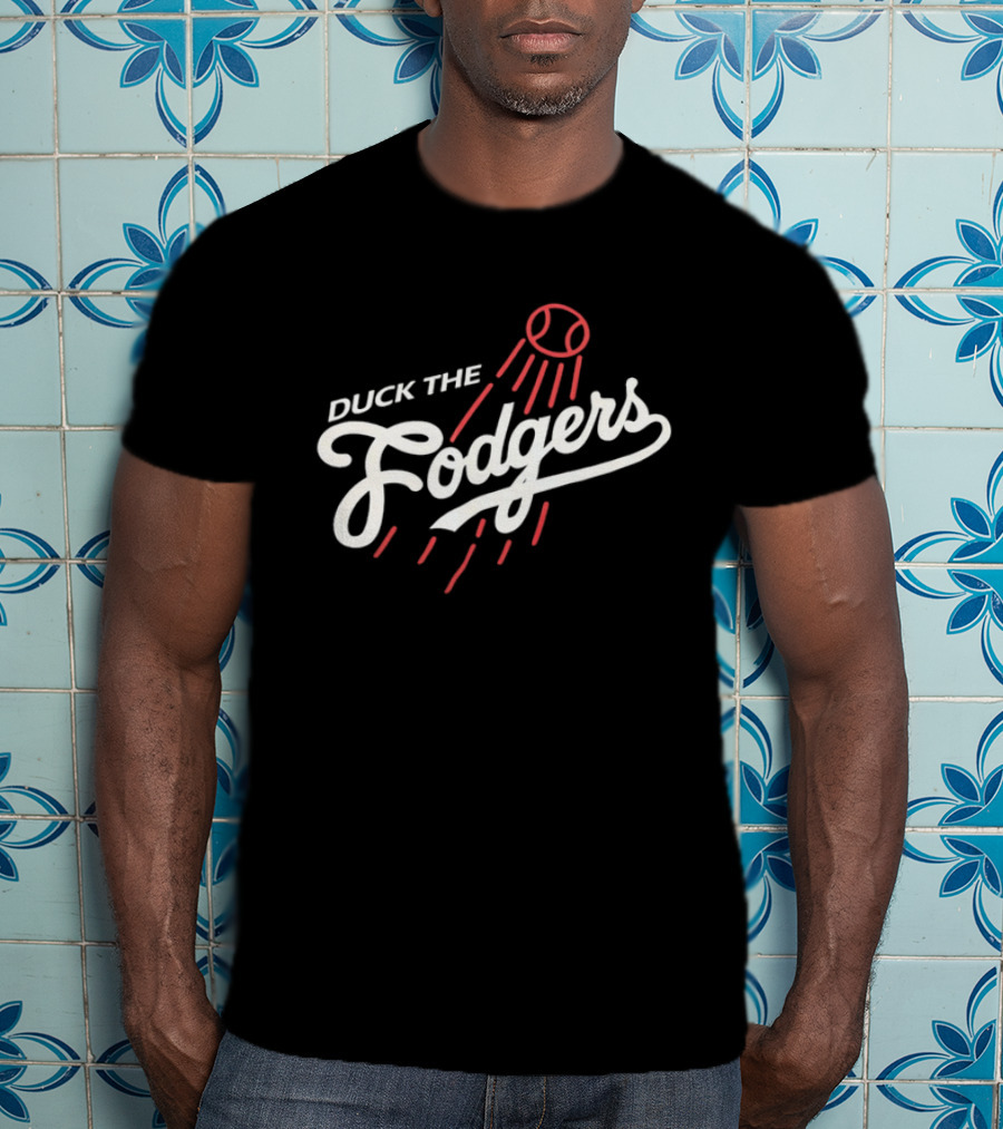Duck The Fodgers White Script Flying Baseball Red Motion Lines T-Shirt