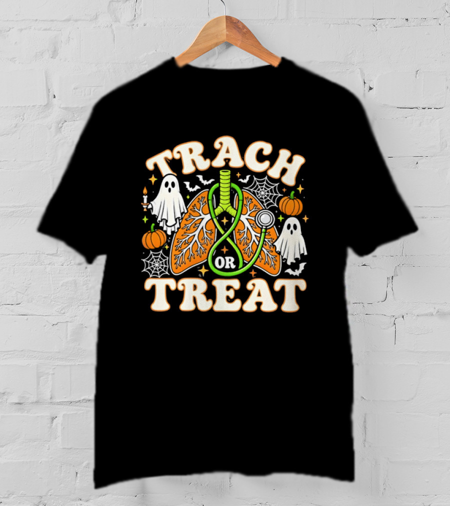 Trach Or Treat Lungs Stethoscope Ghosts Pumpkins Spider Webs Halloween Cartoon T-Shirt