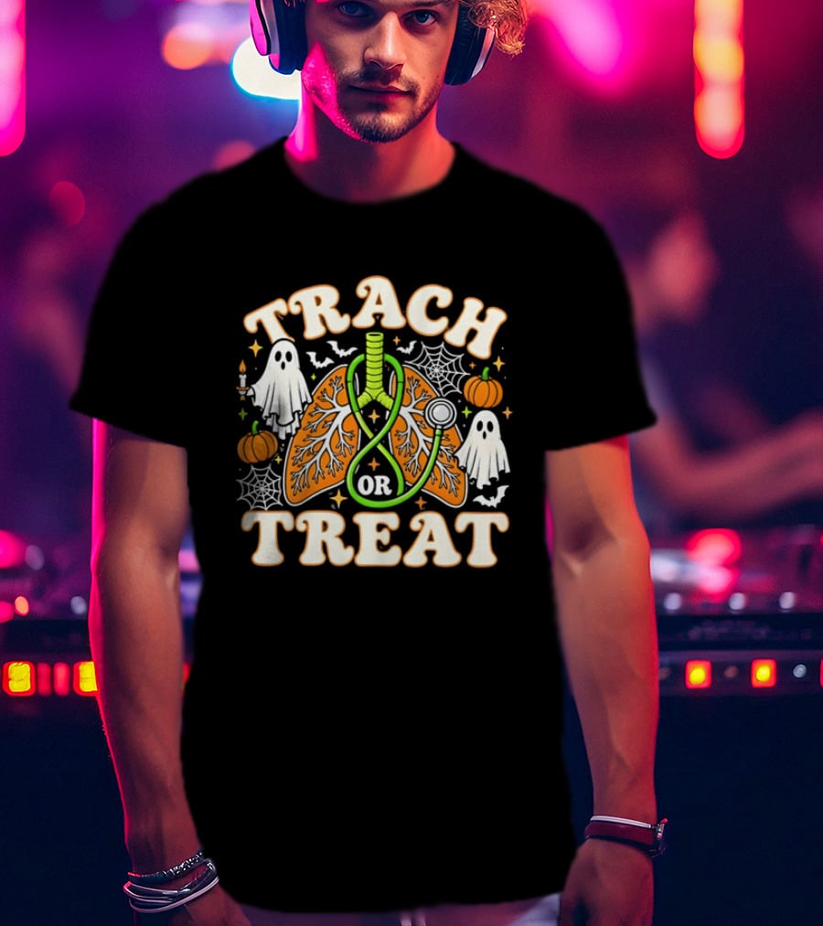 Trach Or Treat Lungs Stethoscope Ghosts Pumpkins Spider Webs Halloween Cartoon T-Shirt