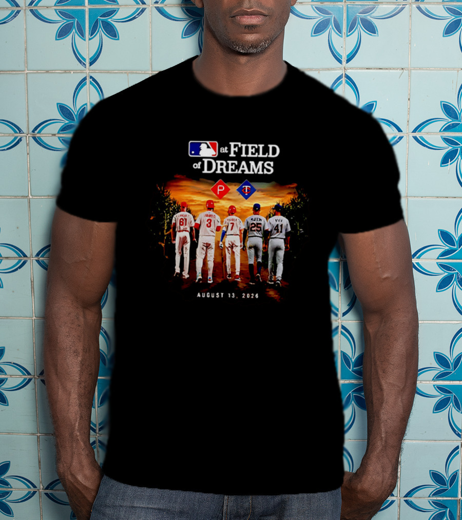 MLB At Field Of Dreams August 13 2026 Philadelphia Minnesota Players Walking Into Cornfield T-Shirt