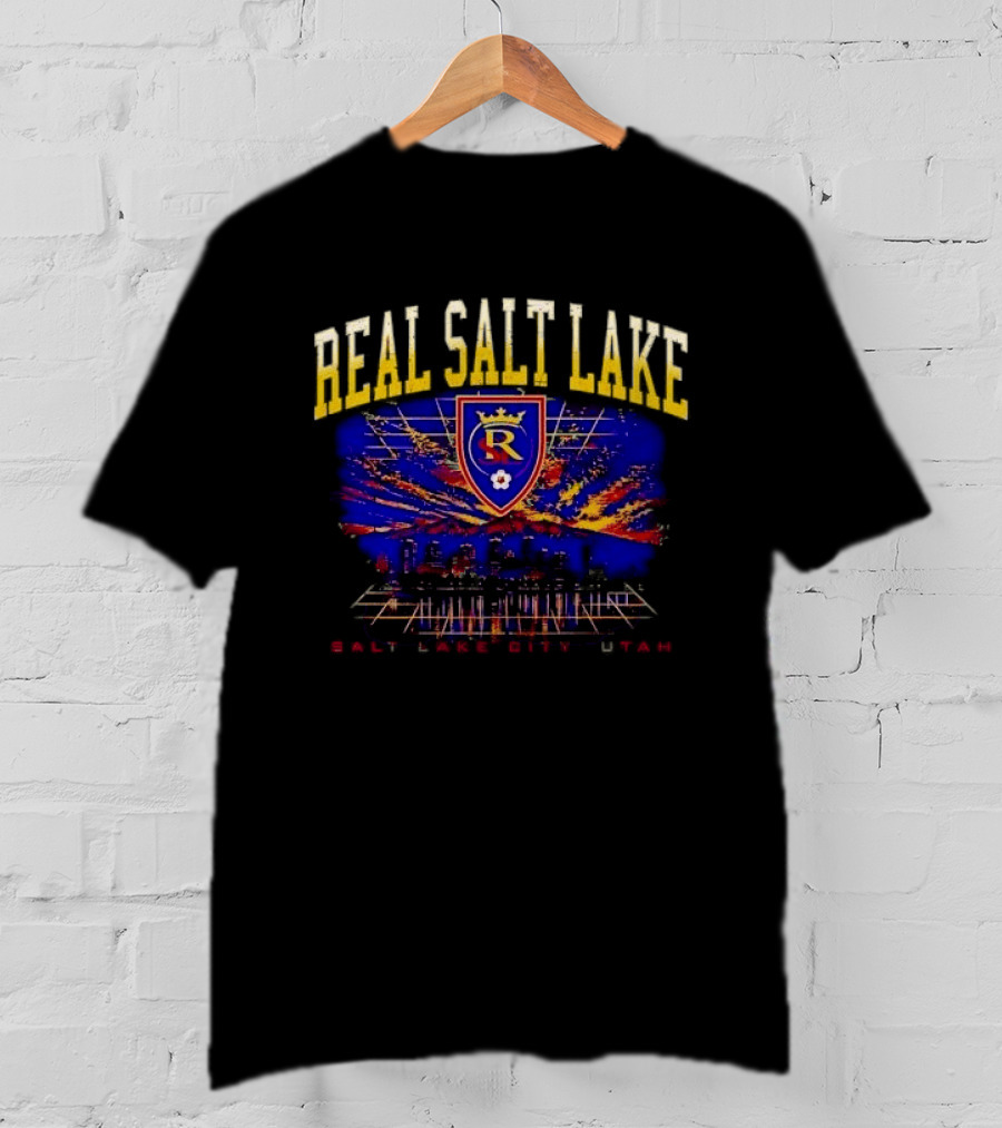 Real Salt Lake City Utah Skyline Crest Sunset Grid Distressed T-Shirt
