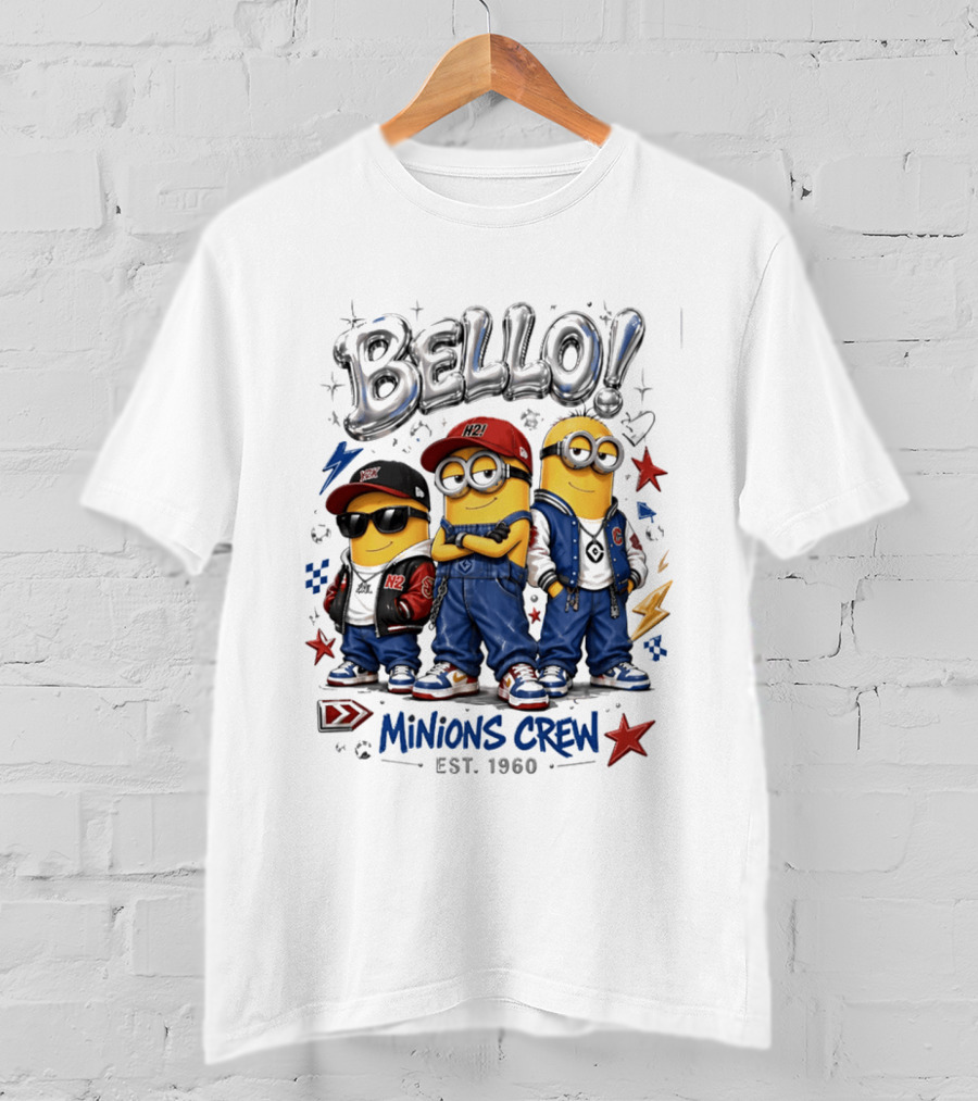 Bello Minions Crew Est 1960 Hip Hop Style Graphic With Stars And Lightning Bolts T-Shirt