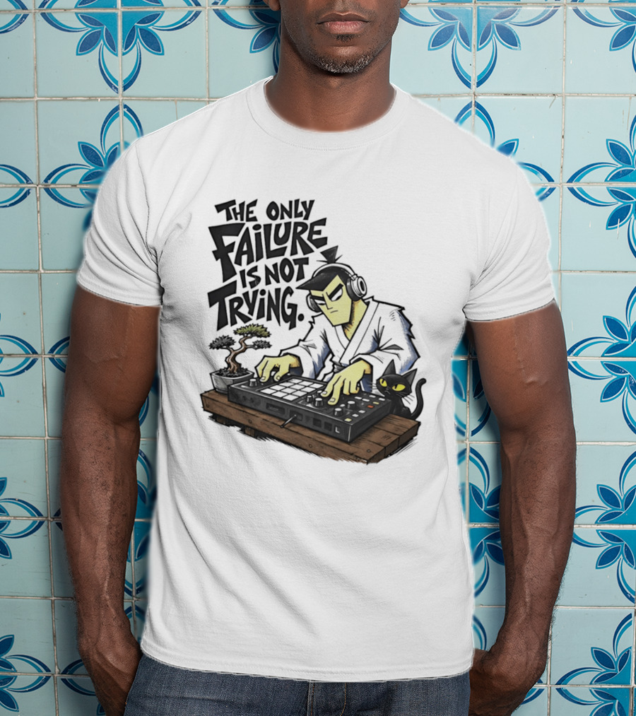 The Only Failure Is Not Trying Samurai DJ With Cat And Bonsai T-Shirt
