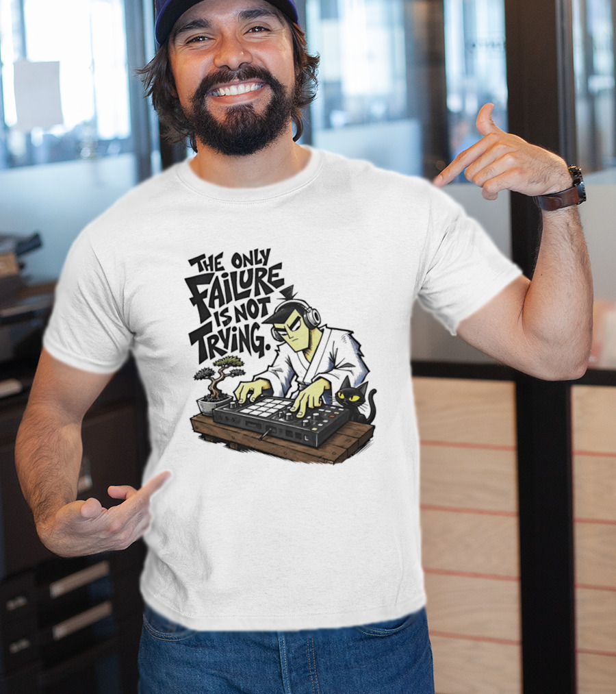 The Only Failure Is Not Trying Samurai DJ With Cat And Bonsai T-Shirt