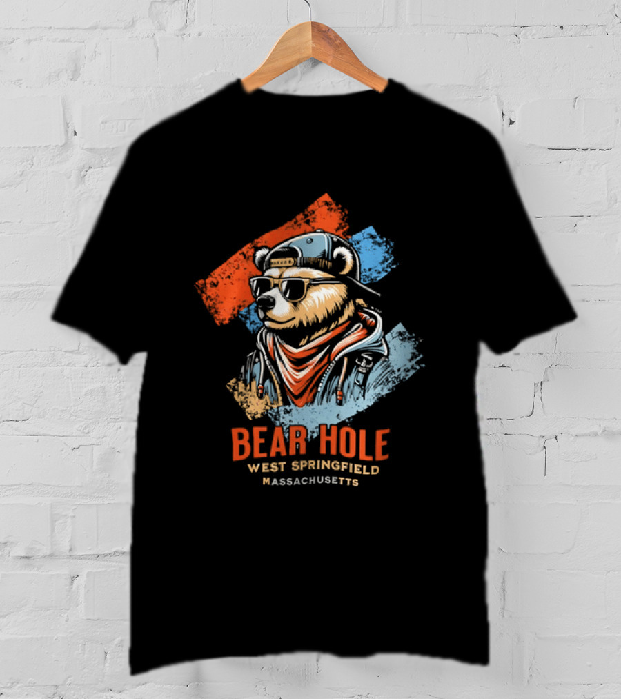 Bear Hole West Springfield Massachusetts Bear Wearing Sunglasses Cap Bandana Distressed T-Shirt