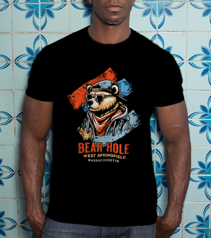 Bear Hole West Springfield Massachusetts Bear Wearing Sunglasses Cap Bandana Distressed T-Shirt