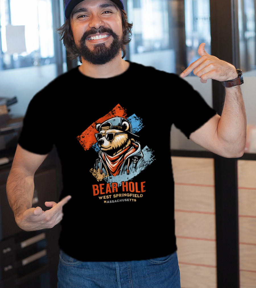 Bear Hole West Springfield Massachusetts Bear Wearing Sunglasses Cap Bandana Distressed T-Shirt
