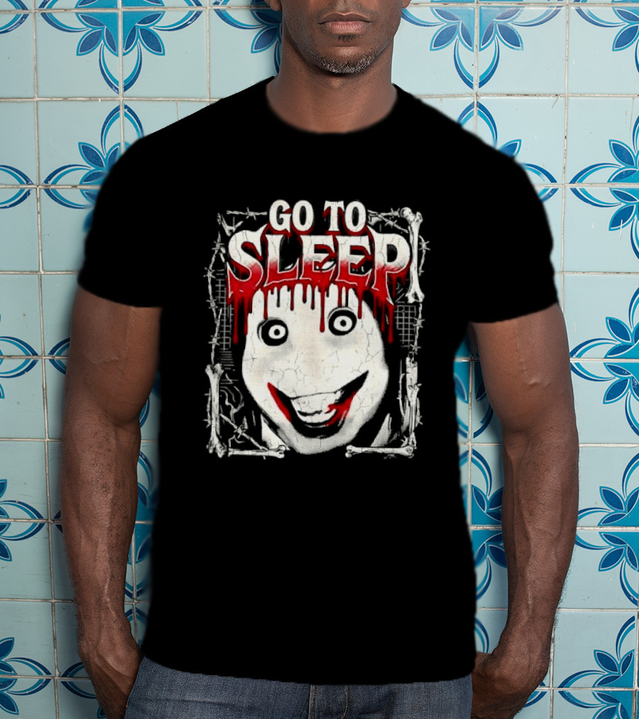Go To Sleep Creepy Pale Face Bloody Smile Barbed Wire Bones T-Shirt