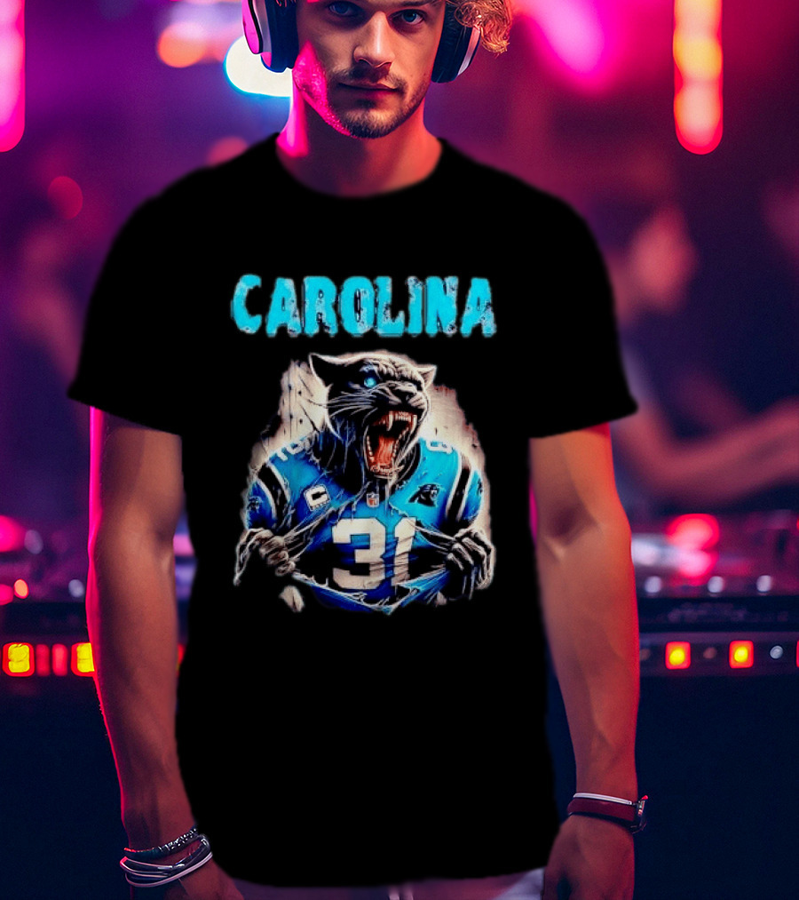Carolina Panthers Snarling Beast Tearing Blue Jersey 31 T-Shirt