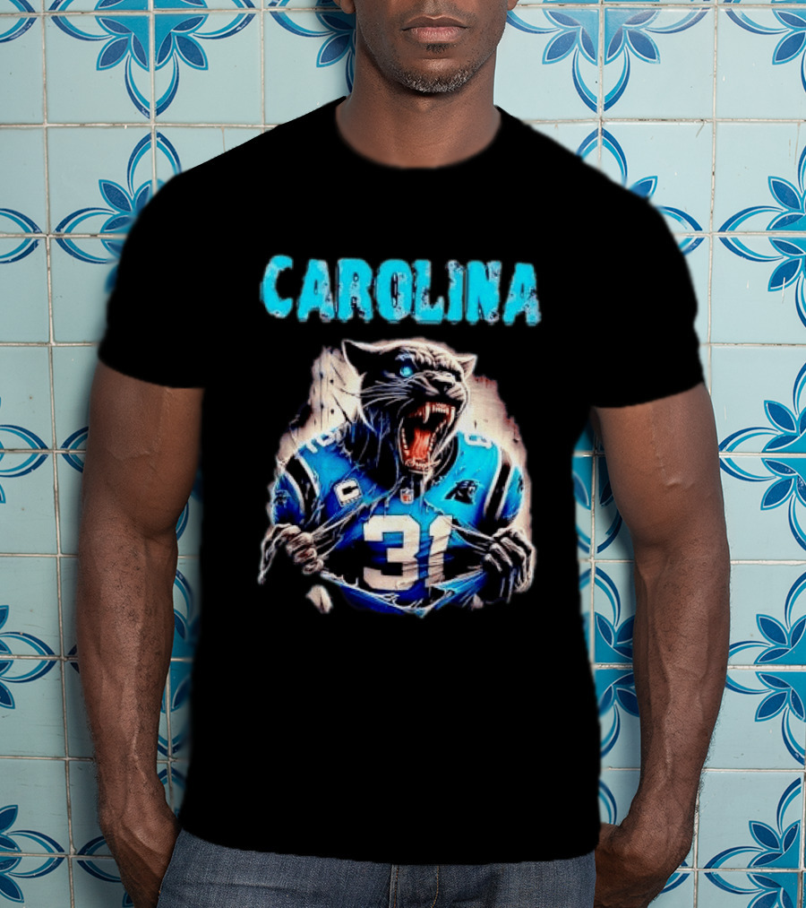 Carolina Panthers Snarling Beast Tearing Blue Jersey 31 T-Shirt