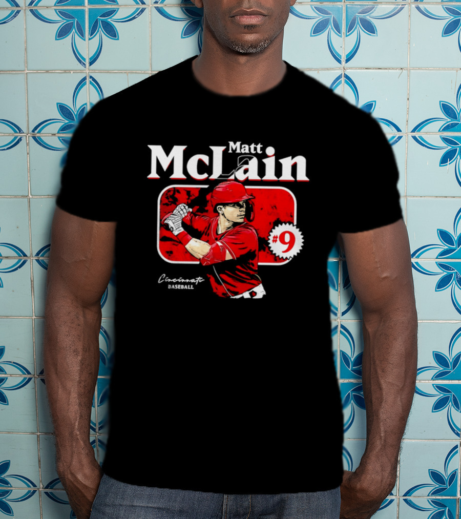 Matt McLain Cincinnati Baseball Number 9 Batter Stance Red Frame T-Shirt